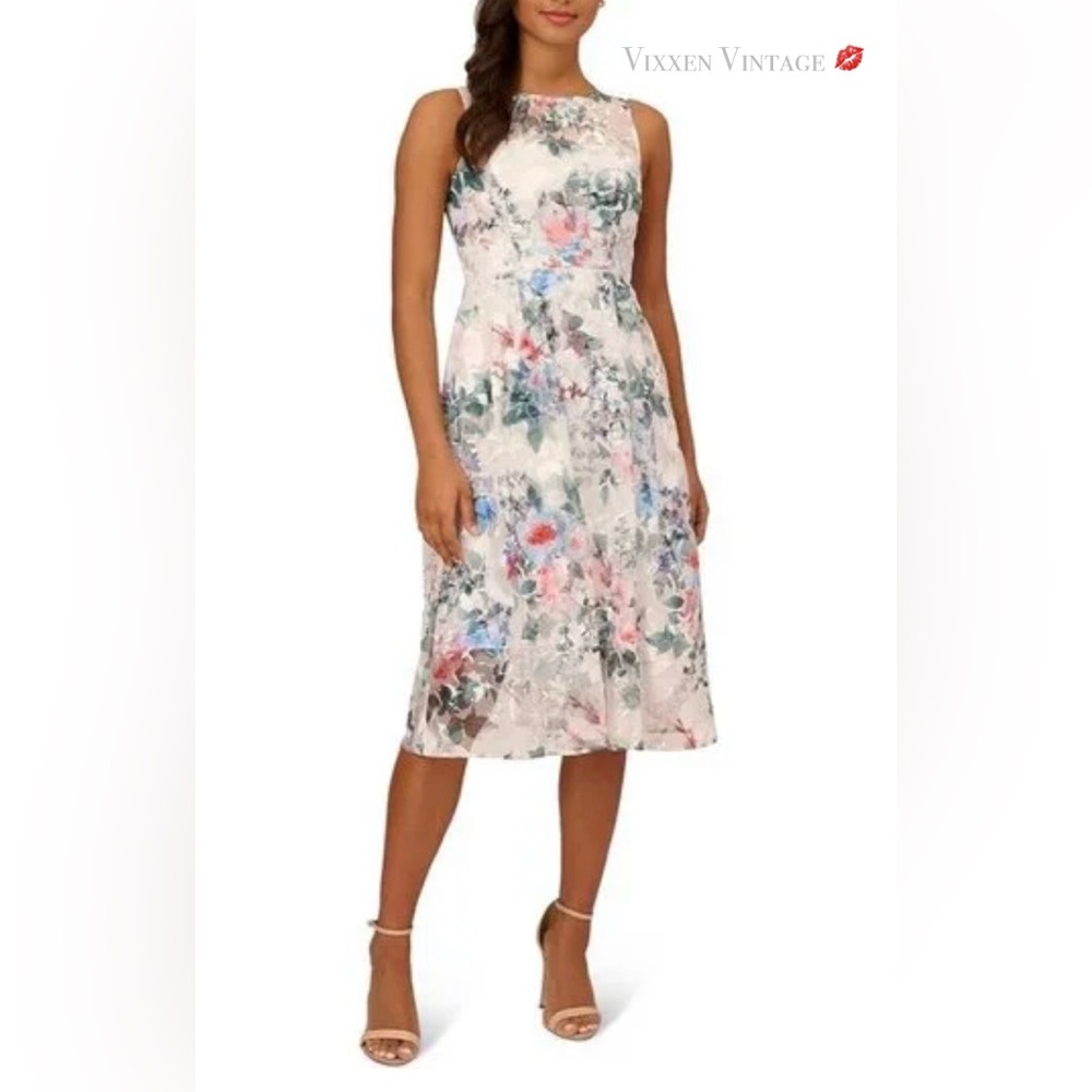 ADRIANNA PAPELL ‘FLORAL PRINTED VEILED DRESS’ IN IVORY MULTI